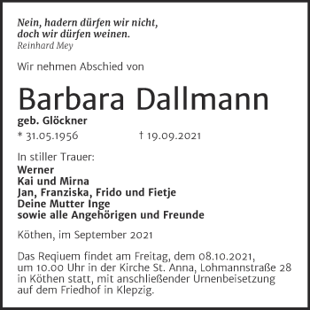 Traueranzeige von Barbara Dallmann von Trauerkombi Köthen