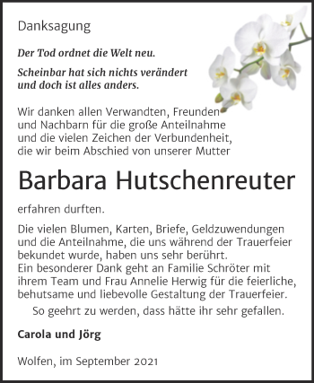 Traueranzeige von Barbara Hutschenreuter von Trauerkombi Bitterfeld