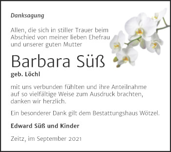 Traueranzeige von Barbara Süß von Trauerkombi Zeitz