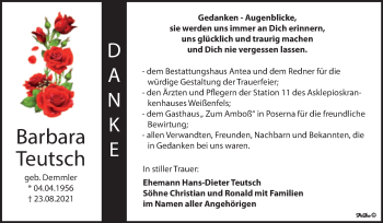 Traueranzeige von Barbara Teutsch von Trauerkombi Weißenfels