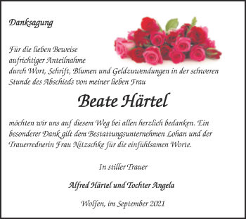 Traueranzeige von Beate Härtel von Trauerkombi Bitterfeld