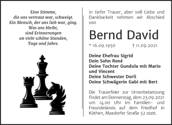 Traueranzeige von Bernd David von Trauerkombi Köthen