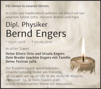 Traueranzeige von Bernd Engers von Mitteldeutsche Zeitung Halle/Saalkreis