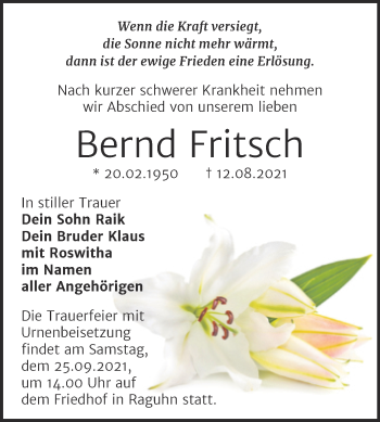 Traueranzeige von Bernd Fritsch von Trauerkombi Bitterfeld