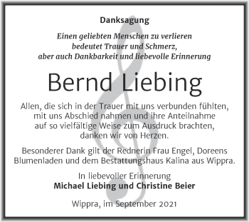 Traueranzeige von Bernd Liebing von Trauerkombi Sangerhausen