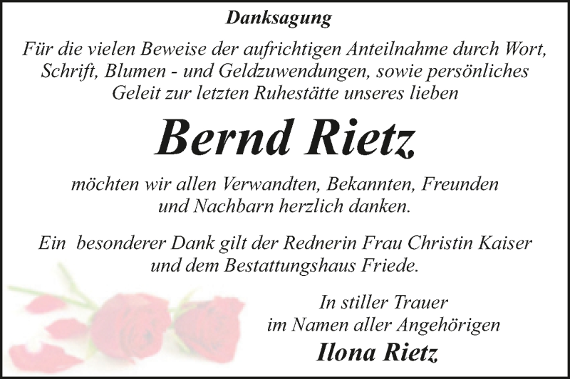  Traueranzeige für Bernd Rietz vom 25.09.2021 aus Trauerkombi Dessau