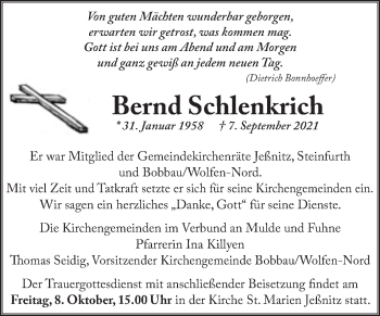 Traueranzeige von Bernd Schlenkrich von Trauerkombi Bitterfeld