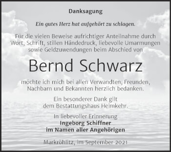 Traueranzeige von Bernd Schwarz von Trauerkombi Weißenfels