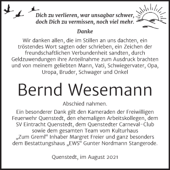 Traueranzeige von Bernd Wesemann von Trauerkombi Mansfelder Land