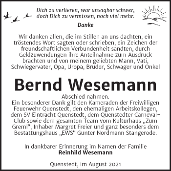 Traueranzeige von Bernd Wesemann von Trauerkombi Mansfelder Land