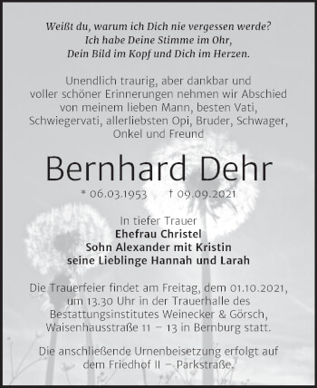 Traueranzeige von Bernhard Dehr von Super Sonntag Bernburg