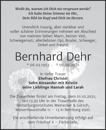 Traueranzeige von Bernhard Dehr von Mitteldeutsche Zeitung Bernburg