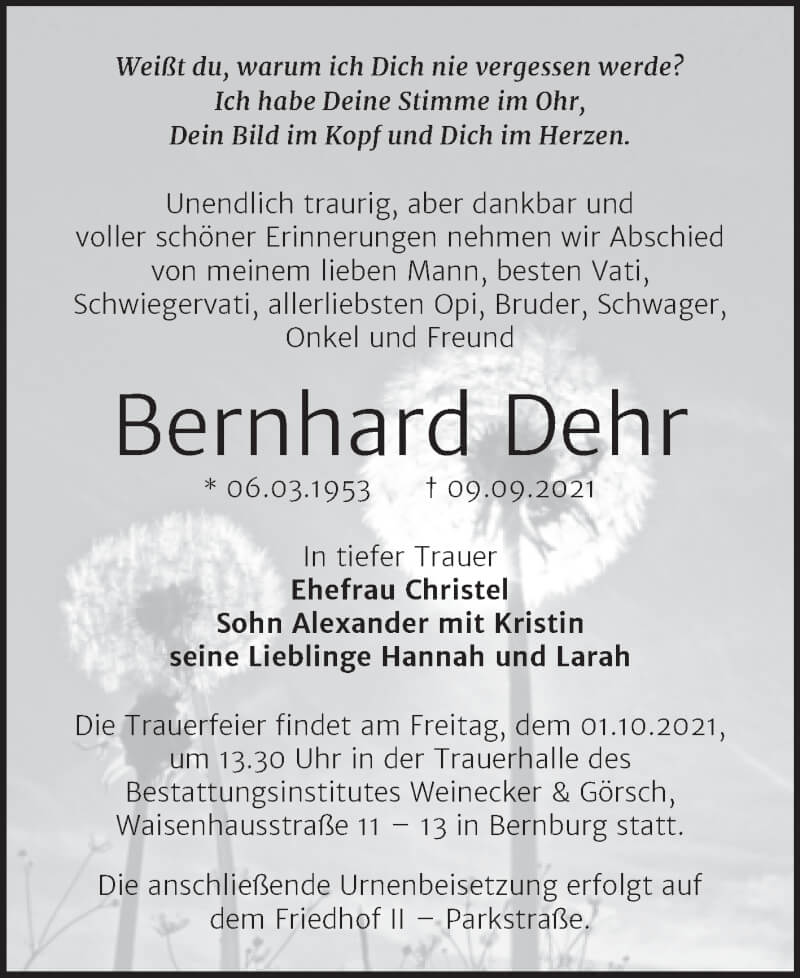  Traueranzeige für Bernhard Dehr vom 18.09.2021 aus Super Sonntag Bernburg
