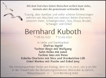 Traueranzeige von Bernhard Kuboth von Super Sonntag Bernburg