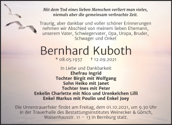 Traueranzeige von Bernhard Kuboth von Trauerkombi Bernburg