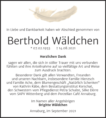 Traueranzeige von Berthold Wäldchen von Trauerkombi Wittenberg