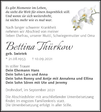 Traueranzeige von Bettina Thürkow von Trauerkombi Aschersleben