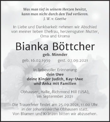 Traueranzeige von Bianka Böttcher von Trauerkombi Merseburg
