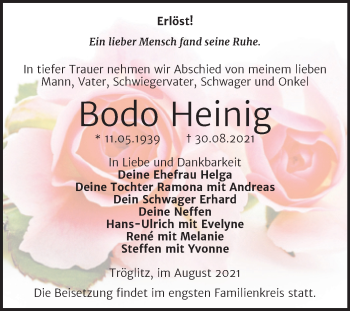 Traueranzeige von Bodo Heinig von Trauerkombi Zeitz
