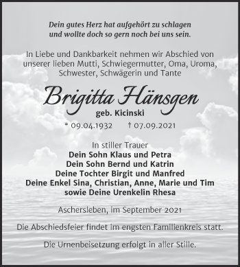 Traueranzeige von Brigitta Hänsgen von Mitteldeutsche Zeitung Aschersleben