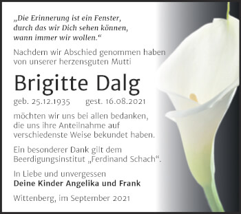 Traueranzeige von Brigitte Dalg von Trauerkombi Wittenberg