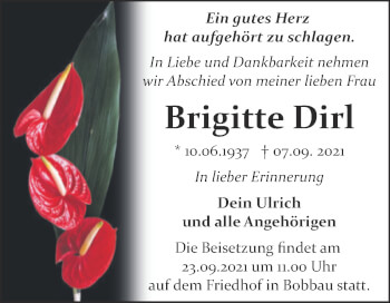 Traueranzeige von Brigitte Dirl von Trauerkombi Bitterfeld