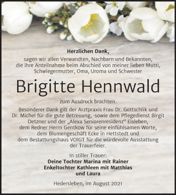 Traueranzeige von Brigitte Hennwald von Trauerkombi Mansfelder Land
