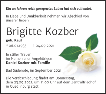 Traueranzeige von Brigitte Kozber von Trauerkombi Quedlinburg