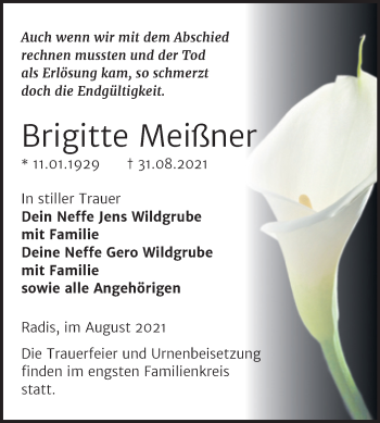 Traueranzeige von Brigitte Meißner von Trauerkombi Wittenberg