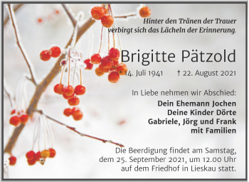 Traueranzeige von Brigitte Pätzold von Mitteldeutsche Zeitung Halle/Saalkreis