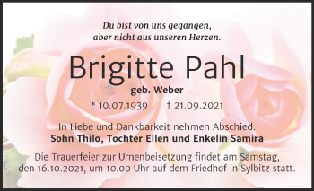 Traueranzeige von Brigitte Pahl von Mitteldeutsche Zeitung Halle/Saalkreis
