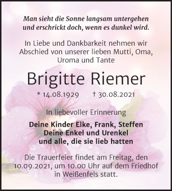 Traueranzeige von Brigitte Riemer von Trauerkombi Weißenfels