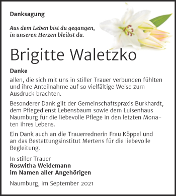 Traueranzeige von Brigitte Waletzko von Wochenspiegel Naumburg/Nebra