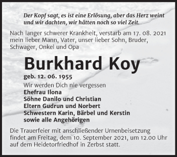 Traueranzeige von Burkhard Koy von Mitteldeutsche Zeitung Dessau-Roßlau