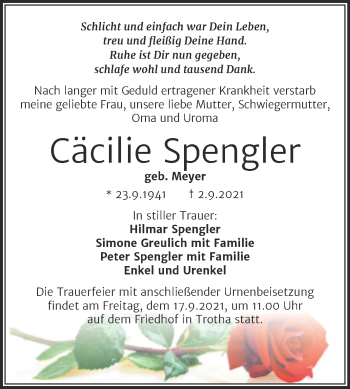 Traueranzeige von Cäcilie Spengler von Mitteldeutsche Zeitung Halle/Saalkreis