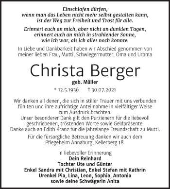 Traueranzeige von Christa Berger von Trauerkombi Wittenberg