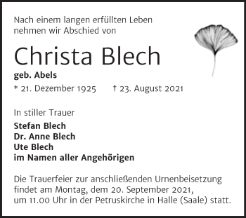 Traueranzeige von Christa Blech von Mitteldeutsche Zeitung Halle/Saalkreis