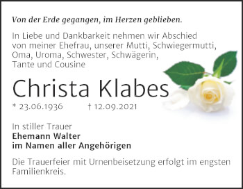 Traueranzeige von Christa Klabes von Trauerkombi Bernburg