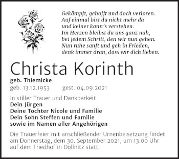 Traueranzeige von Christa Korinth von Trauerkombi Merseburg