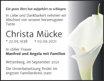 Traueranzeige von Christa Mücke von Trauerkombi Wittenberg