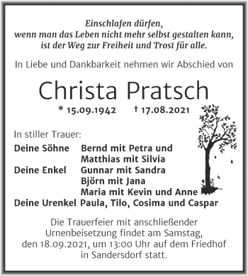 Traueranzeige von Christa Pratsch von Trauerkombi Bitterfeld