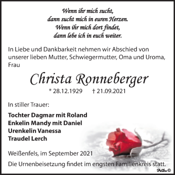 Traueranzeige von Christa Ronneberger von Trauerkombi Weißenfels