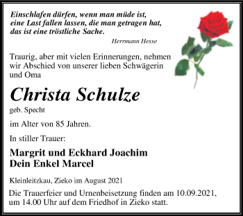 Traueranzeige von Christa Schulze von Trauerkombi Wittenberg