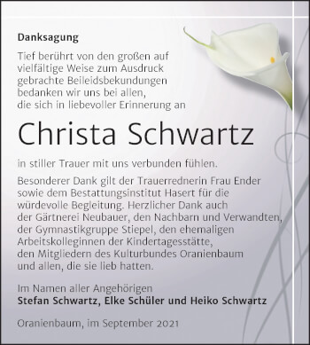Traueranzeige von Christa Schwartz von Trauerkombi Wittenberg