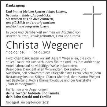 Traueranzeige von Christa Wegener von Trauerkombi Wittenberg