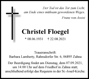 Traueranzeige von Christel Floegel von Super Sonntag Wittenberg