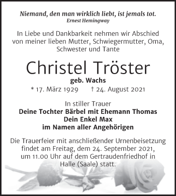 Traueranzeige von Christel Tröster von Mitteldeutsche Zeitung Halle/Saalkreis