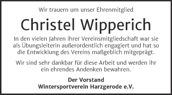 Traueranzeige von Christel Wipperich von Trauerkombi Quedlinburg