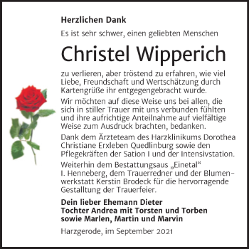 Traueranzeige von Christel Wipperich von Super Sonntag Quedlingburg