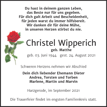 Traueranzeige von Christel Wipperich von Super Sonntag Quedlingburg